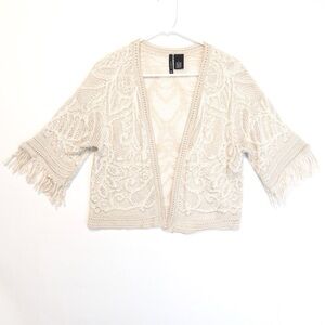 Boho fringe textured cardigan lace crochet cropped sheer open summer sweater